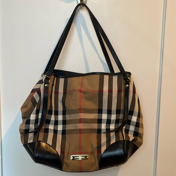 Burberry Haymarket Check tote with leather bottom and dust bag - Picture 1 of 17